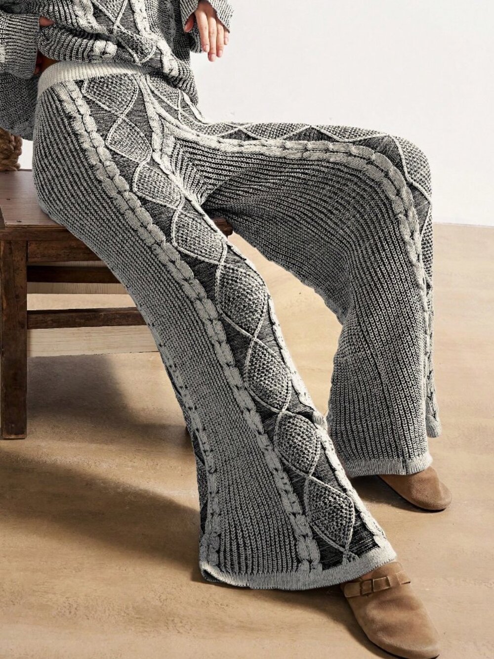 Casual Women's Twist Knit Loose Wide-Leg Sweater Pants - Picture 2 of 8